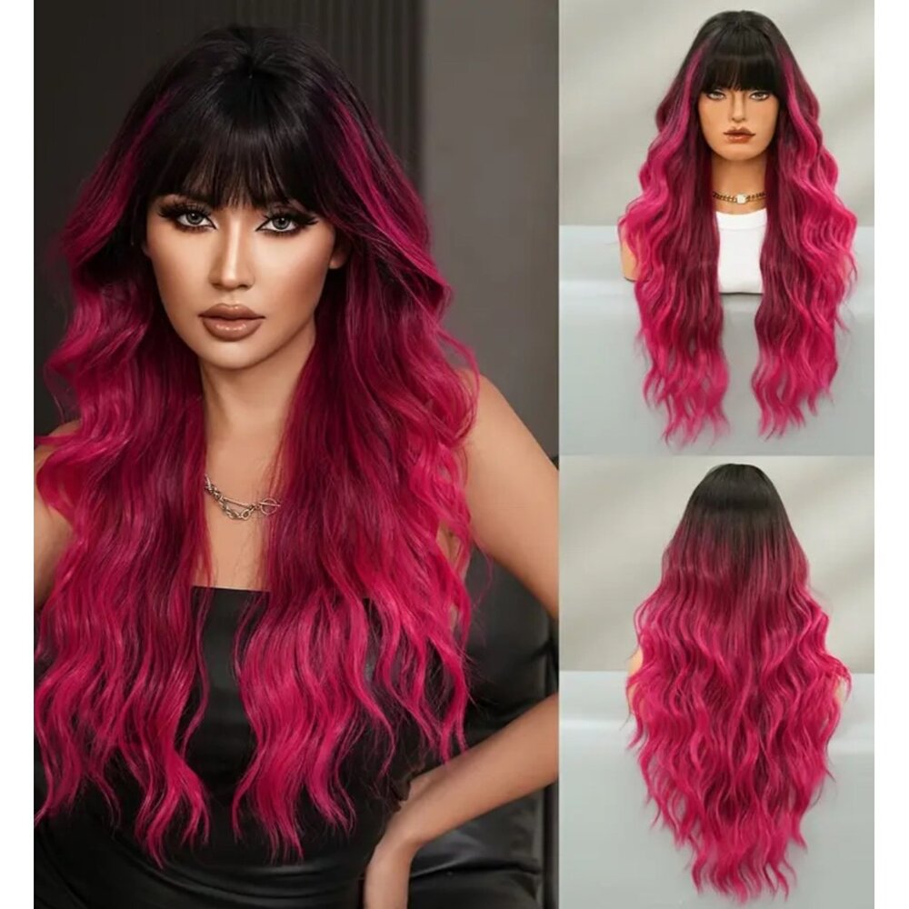 NEW 28 inch Long wavy Ombre pink glueless wig